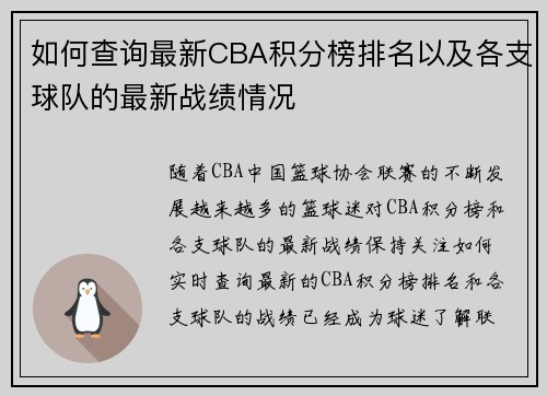 如何查询最新CBA积分榜排名以及各支球队的最新战绩情况