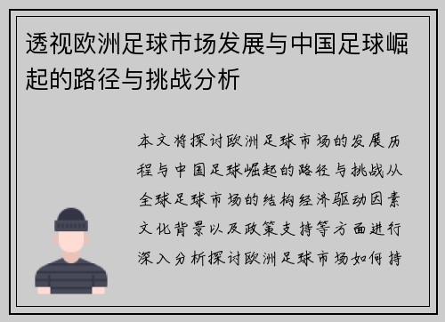 透视欧洲足球市场发展与中国足球崛起的路径与挑战分析